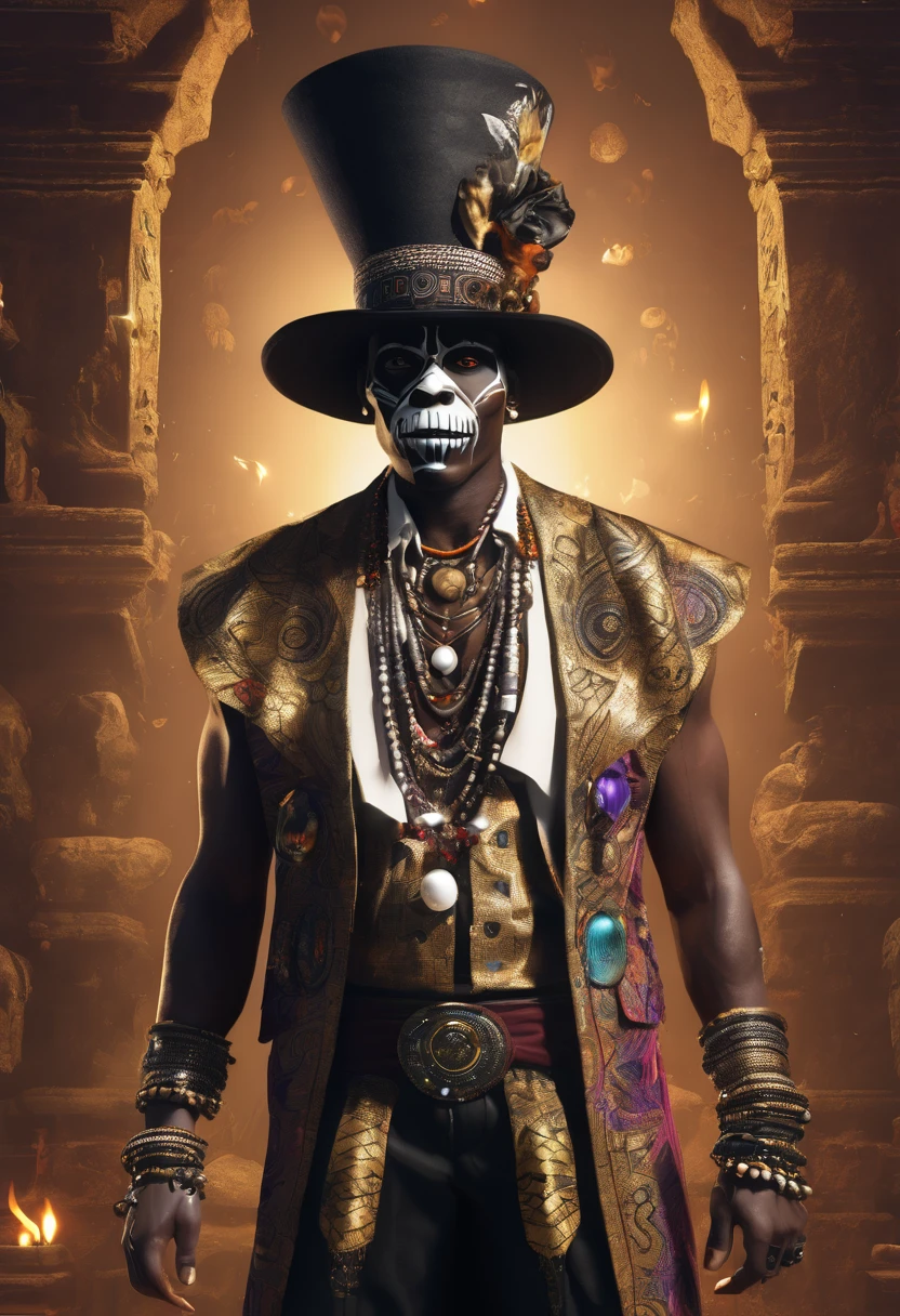 (((Niji style))) best quality, ultra-high resolution, 4K detailed CG, master piece, Baron Samedi,man, African clothing, Voodoo mythology, ((standing pose)), African image, aesthetic, Centered screen, full body