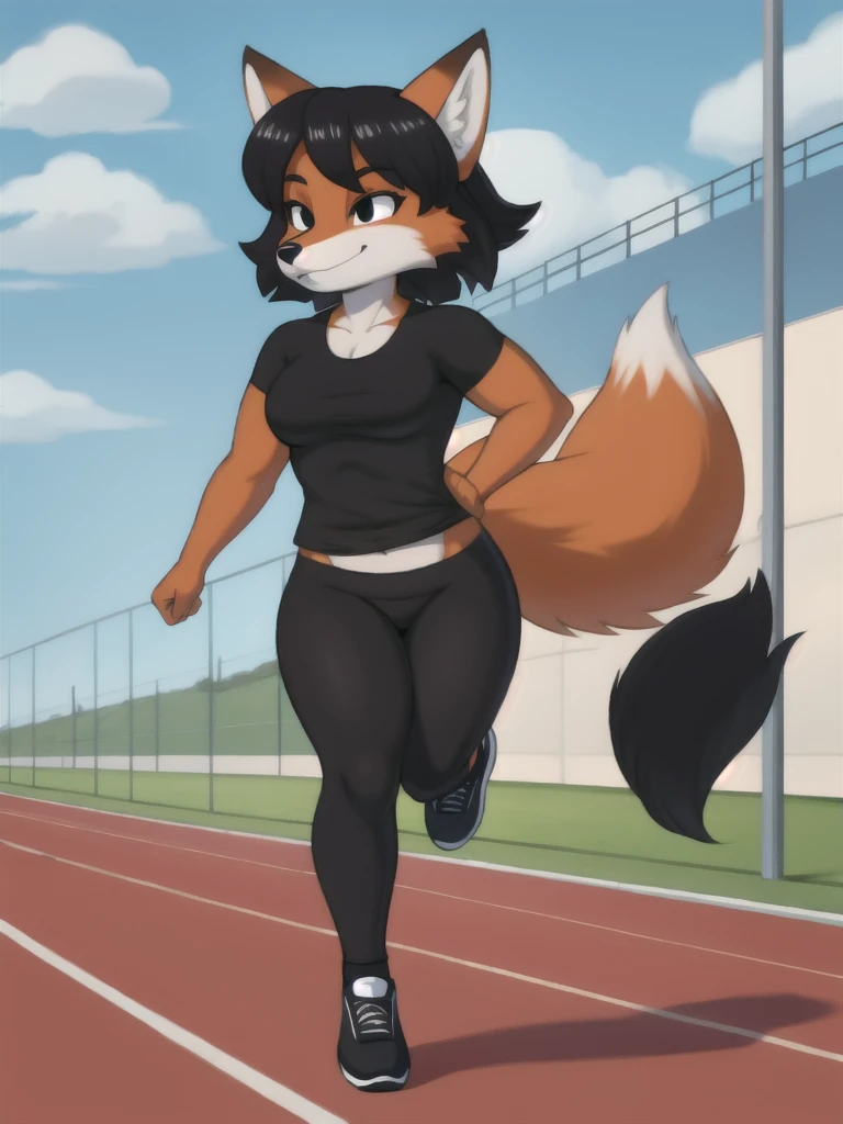 Furry, fox, female, black shirt, black leggings, shoes, running track, solo, full body