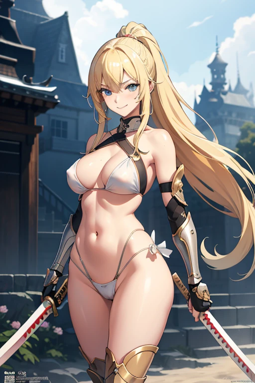 nsfw,8k,Masterpiece,(White Bikini),A woman wearing separate armor,Mature Woman,28 years old,Bikini Armor, The world of fantasy games set in another world,,Battle Scenes,fight,Slash enemies with a sword,Baseball player batting form,(Battoujutsu:1.4) ,arms,Sexy anime characters,Slender figure,Cleavage,belly button,ponytail,Blonde Hair,Long Hair,Shy smile,Flushed Cheeks, Knight Girl, Very detailed fan art, Detailed digital anime art, Anime Goddess, Anime illustration, Girl in Armor,Beautiful expression right down to your fingertips,Staring at the audience