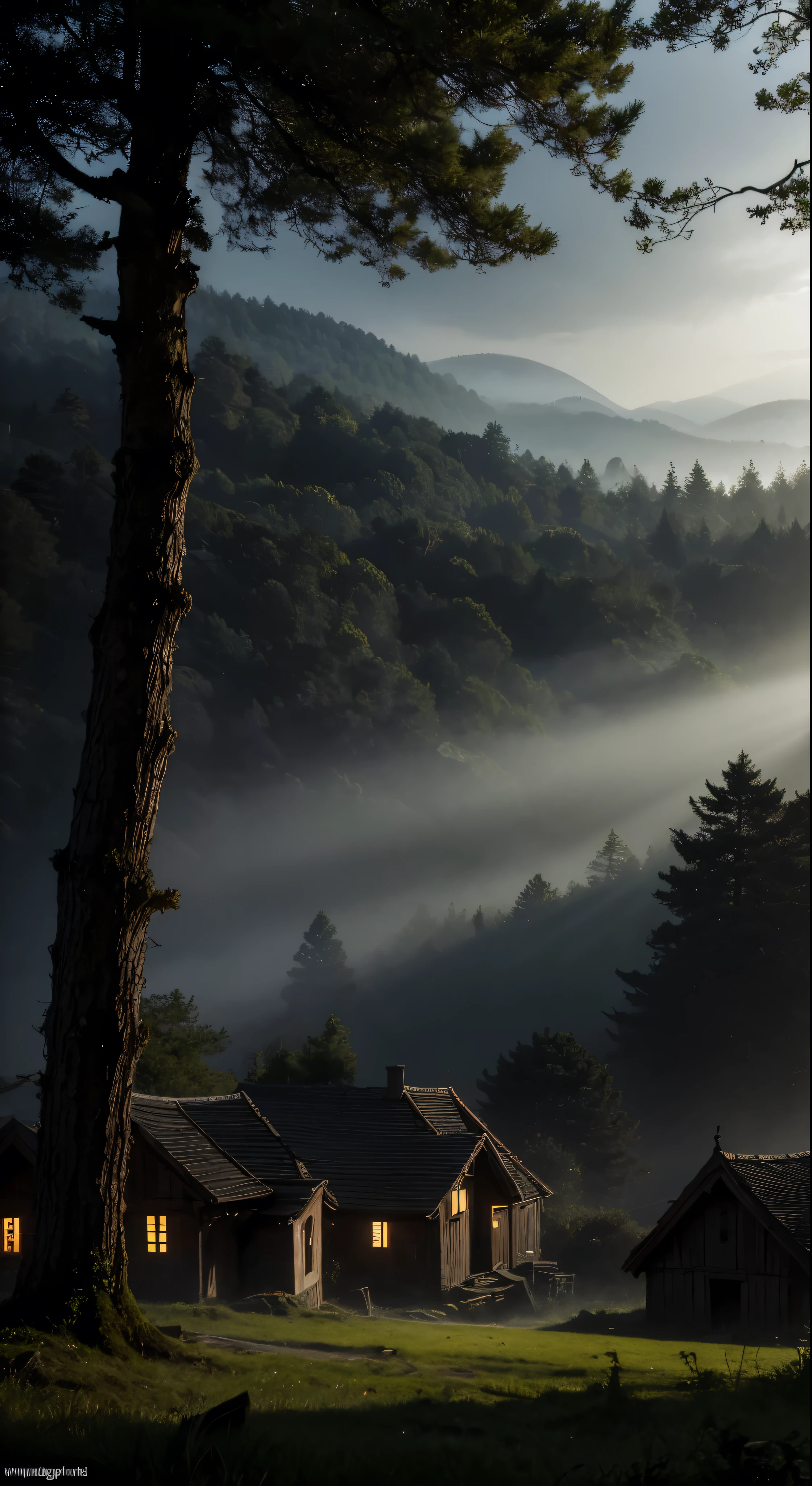 realistic dark oil painting of a medieval village at sunrise, mossy, mist, foggy, shadows, misterious, mithical, dark, rays of light shines trough the woods, ambient, depth of field, volumetric lighting, cinematic lighting, moody, heavy darkness, black sky, low angle perspective, by Eyvind Earle