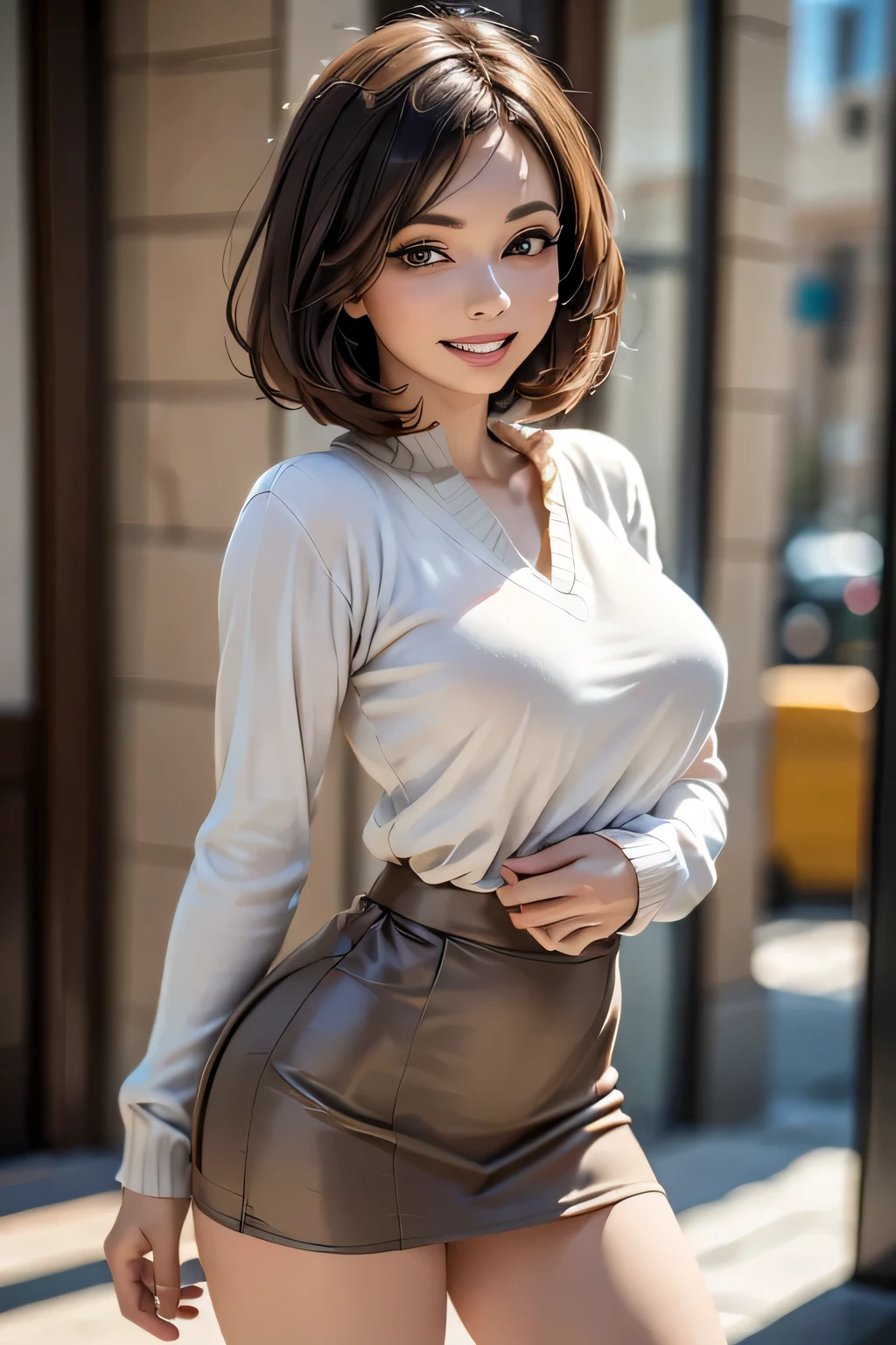 (8k, RAW Photos, Highest quality, masterpiece, Realistic, Photorealistic), (1 female), (Ultimate beauty), middle aged, Highly detailed face, (Perfect Teeth), Beautiful Eyes, double eyelid, eyelash, smile, Lip details, Brunette Bob, Light on the face, Big Breasts, ((Summer sweater and tight mini skirt)), ((Cowboy Shot)), (background: Resort Hotel Lobby), ((Written boundary depth))