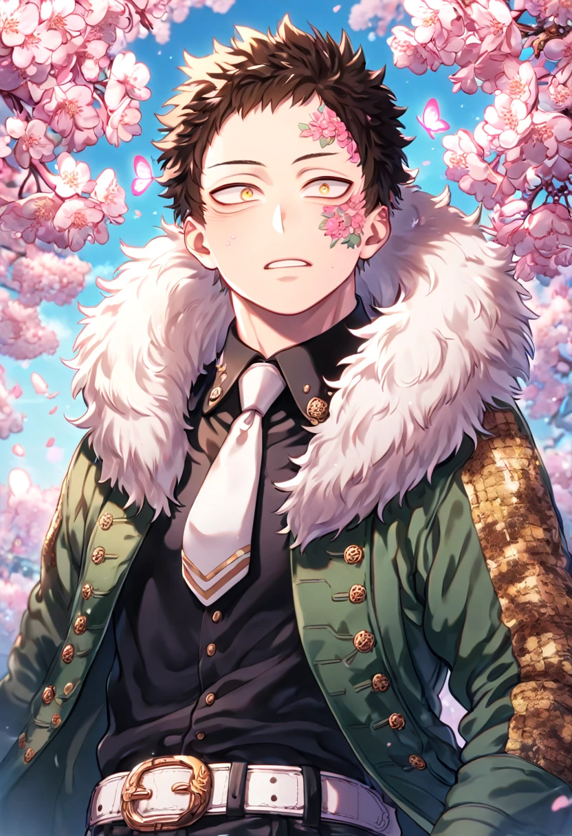 absurdres, highres, ultra detailed, HDR, master piece, best quality, extremely detailed face, delicated features, Overhaul, dark brown hair, short hair, short bangs, expressive yellow eyes, Boku No Hero Academia, solo, sexy man, handsome, dark green coat with fur collar, black shirt, white necktie, white gloves, white belt, black pants, fantasy, magical, pink butterflies, spring, pink leaves, pink flowers, blue sky, garden, cherry blossoms 