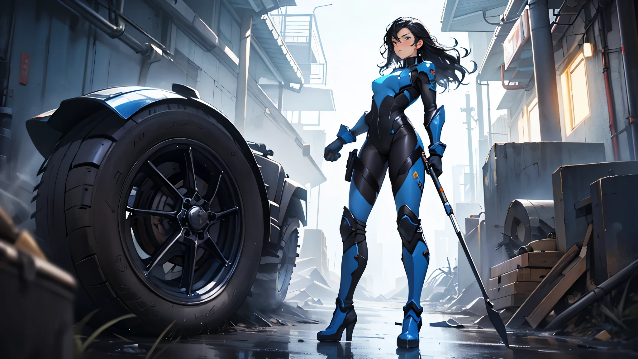 4k ultra HD, masterpiece, character artwork, solo, full length image, head to toe, perfect lighting, human woman, standing, round face blue eyes slightly up-turned cute nose very lightly blushing cheeks determined expression, short curly blue-black hair, wearing blue metal armor with a black bodysuit beneath it, knee high blue metal boots with heels, standing up straight, tools on the ground near her boots