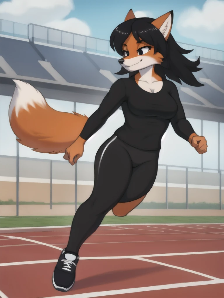 Furry, fox, female, black shirt, black leggings, shoes, running track, solo, full body