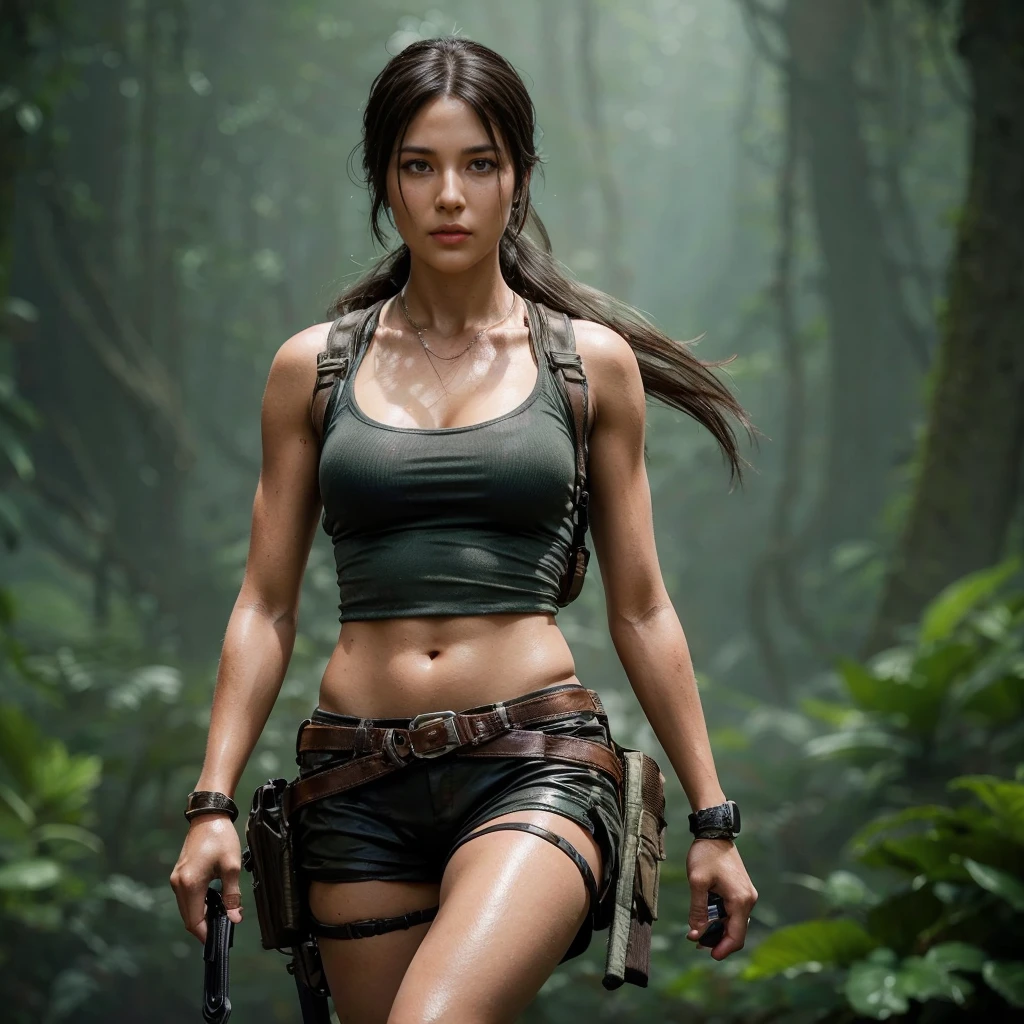 Lara Croft, Brown eyes, (best quality, Ultra-detailed), (realistic:1.37), beautiful and detailed face, ultra-realistic texture, delicate face, delicate body, red lipstick, bright colors. high definition, 8K.