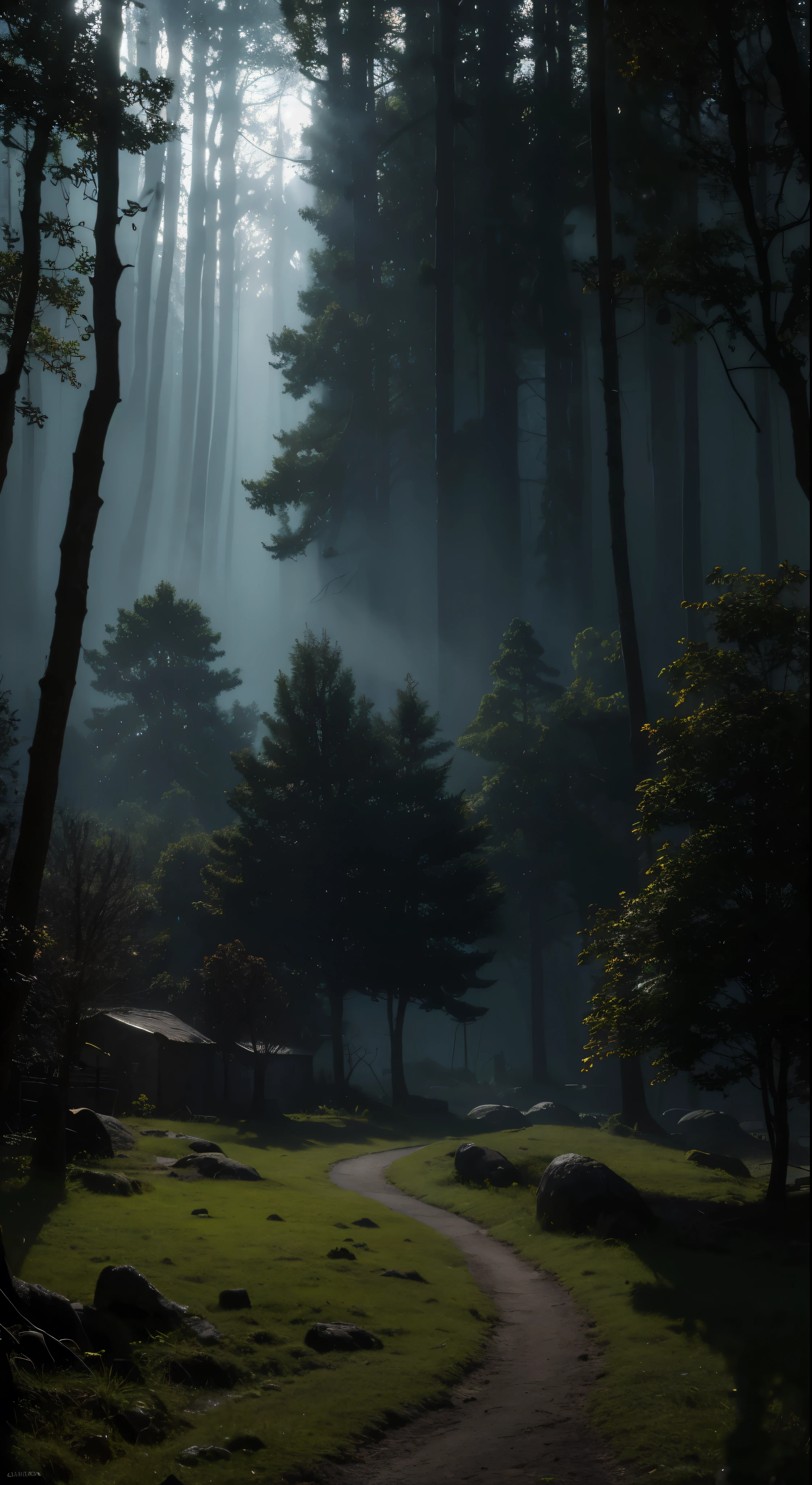 realistic dark oil painting of a medieval village at sunrise, mossy, mist, foggy, shadows, misterious, mithical, dark, rays of light shines trough the woods, ambient, depth of field, volumetric lighting, cinematic lighting, moody, heavy darkness, black sky, low angle perspective, by Eyvind Earle