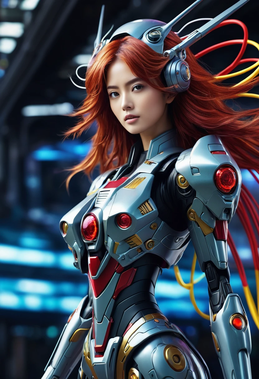 Create a super detailed anime Mecha illustration masterpiece full of ornate futuristic armor and weapons referencing the Gundam wing anime series, with 8k quality images, super high color intensity, model 4D real, very real from the subject of a 25 year old woman. With the following physical characteristics: long metallic red hair fluttering in the wind, magnificent futuristic mechanical body, fostur tubuh tinggi, slim, Use a futuristic background featuring alien high technology full of colorful light cables, strangely walking with a high sense of confidence, the waving motion of the hand creates the impression of a graceful woman, Give the effect of light sparks flying around the woman, give an aesthetic light effect, dramatic, dark. Take a focus shot from the side with an extreme close-up style.