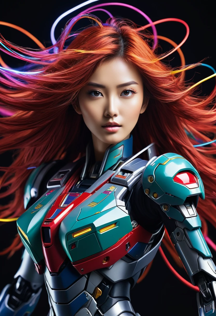 Create a super detailed anime Mecha illustration masterpiece full of ornate futuristic armor and weapons referencing the Gundam wing anime series, with 8k quality images, super high color intensity, model 4D real, very real from the subject of a 25 year old woman. With the following physical characteristics: long metallic red hair fluttering in the wind, magnificent futuristic mechanical body, fostur tubuh tinggi, slim, Use a futuristic background featuring alien high technology full of colorful light cables, strangely walking with a high sense of confidence, the waving motion of the hand creates the impression of a graceful woman, Give the effect of light sparks flying around the woman, give an aesthetic light effect, dramatic, dark. Take a focus shot from the side with an extreme close-up style.