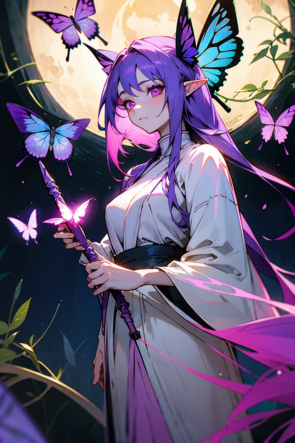 1female, long purple hair, bright pink eyes, wearing a white robe with blue accents, elven ears, standing on a meadow path, glowing butterflies and a shining full moon, holding a staff with vines, masterpiece, 8k.