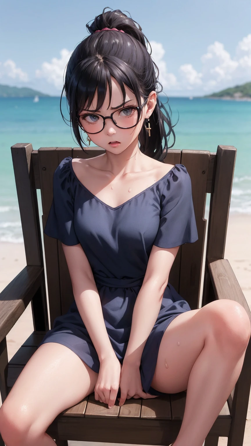 Masterpiece, Top quality, Earrings, blue dress, Black hair, Small breasts, Girl, Upper body, Hot, Sweating, Sitting, Ponytail, Looking at camera, Sea, Looking forward, Spread legs, Angry, chair sit, midnight, Showing crotch, wear glasses