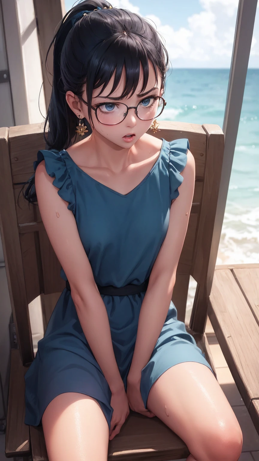 Masterpiece, Top quality, Earrings, blue dress, Black hair, Small breasts, Girl, Upper body, Hot, Sweating, Sitting, Ponytail, Looking at camera, Sea, Looking forward, Spread legs, Angry, chair sit, midnight, Showing crotch, wear glasses