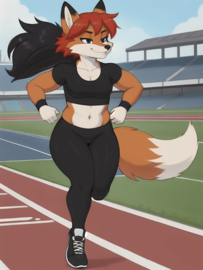 Furry, fox, female, black shirt, black leggings, shoes, running track, solo, full body