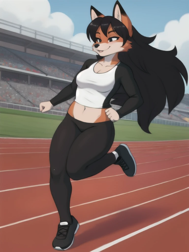 Furry, fox, female, black shirt, black leggings, shoes, running track, solo, full body