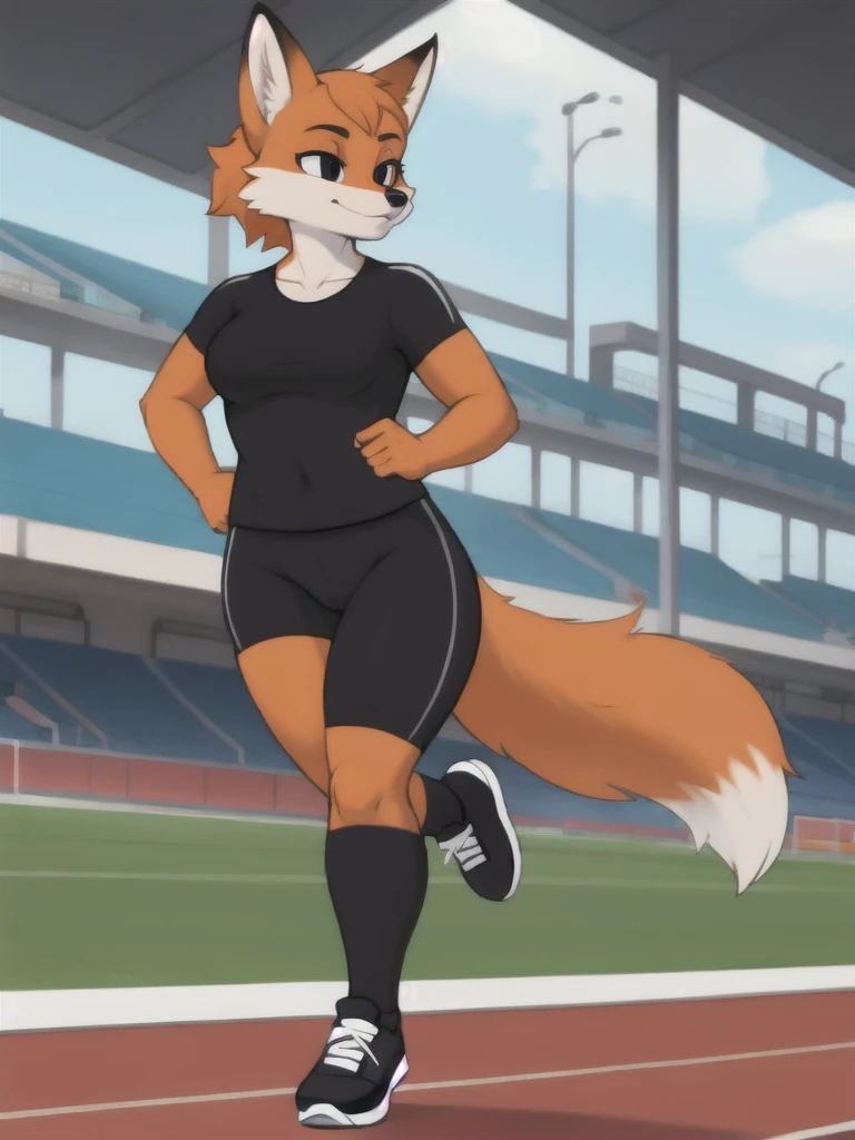 Furry, fox, female, black shirt, black leggings, shoes, running track, solo, full body