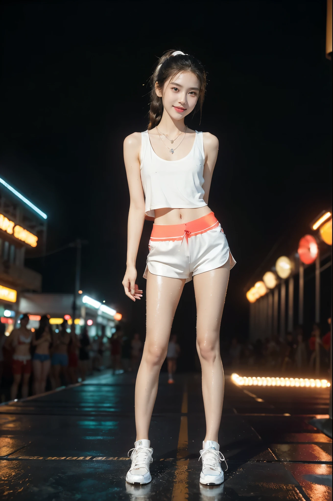 (((best quality))),(((ultra detailed))),(((masterpiece))),illustration,((1 beautiful girl,solo)),(short ponytail:1.2),((slim,thin)),((small breasts,flat chest)),(necklace:1.2),((sweat,wet)),(shiny skin:1.5),(white tank top:1.3),(red shorts:1.3),(slender legs:1.2),(sneakers:1.3),(in nightclub:1.3),(neon lights:1.3), energy,(standing:1.3),(arms behind back:1.3),(smile:1.2), conversation, thumping bass, sun-kissed skin, tanned legs,delicate features, grace, confidence, excitement, pulsating lights, capturing attention, vibrant atmosphere, center of attention,(summer:1.3),(night scene:1.3), adventure, frozen moment,((from front,full body)),(surrounded by crowded crowds:1.3)