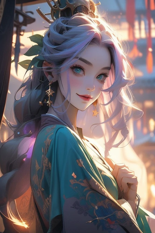 Perfect face. Perfect hands. A light purple haired woman with green eyes with an hourglass figure is watching the stars at a shrine with a big smile