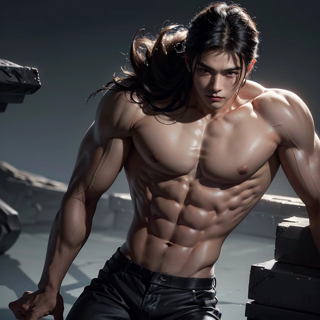 Muscle male model,Handsome,Half sideways,Around 20 years old,Athlete,Asian Men,Bare abs,Stand sideways,masterpiece, best quality, (Extremely detailed CG unity 8k wallpaper), (best quality), (Best Illustration), (Best shadow), absurd, Realistic lighting, (abyss), Beautiful and delicate light,