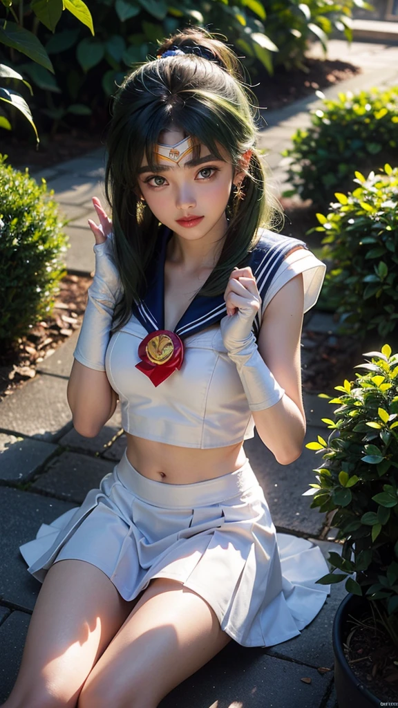 (Highly Detailed CG Unity 8K Wallpaper, masterpiece, Highest quality), (Exquisite lighting and shadows, A very dramatic picture, cinematic lens effects), (Sailor Moon: 1.4), Delicate facial features, Cute Smile, Star Eyes, ((Dark green hair)), Tight Top, White gloves, mini skirt, Dynamic pose, lying in the garden), (Blooming garden background) (Amazing details, Excellent lighting, Wide-angle), (Excellent rendering, I'm so proud of my species),