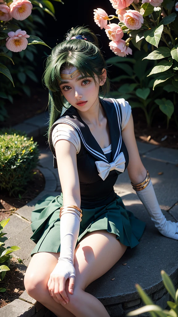 (Masterpiece), (RAW photo, best quality), Ultra High Definition, Professional Artwork, Ultra Detailed, Complex, Detailed Face, Perfect Lighting, (1 Girl, Solo: 1.2), Chest, Gloves, Lips, Solo, (Sailor Moon: 2.1) ((Makoto Kino / Sailor Crystal, Sailor Jupiter), SM Uniform, Tiara, Sailor Senshi Uniform, Absurd, Sexy, SM Jupiter, SM Jupiter Costume, Green Sailor Color, Sailor Senshi Uniform, Ponytail, Choker, White Gloves, Green Choker, Elbow Gloves, Jewelry, Earrings, Brown Hair, Pleated Skirt, Green Skirt, Green Short Boots, Pink Bow, (Perfect Hand): 3.8, (perfect_anatomy:1.2), Octane Rendering, (Crying, Weak and tired eyes, tears: 1.2), (bruises and blood stains on the face and body, blood flowing from the head and face, injuries and injuries to the body, wounds and cuts, bleeding lips: 1.2), (torn clothes, tattered clothes: 1.2), blood stains on clothes, (kneeling weakly: 1.2), (in an abandoned factory), disheveled hair, tired and weak face, (perfect body, perfect, perfect thighs), wet body, sweaty body, ((muddy feet, muddy skin, Bloody skin: 1.2)), (film lighting), soft lighting, complex and cinematic appearance, cinematic lighting, dynamic angles