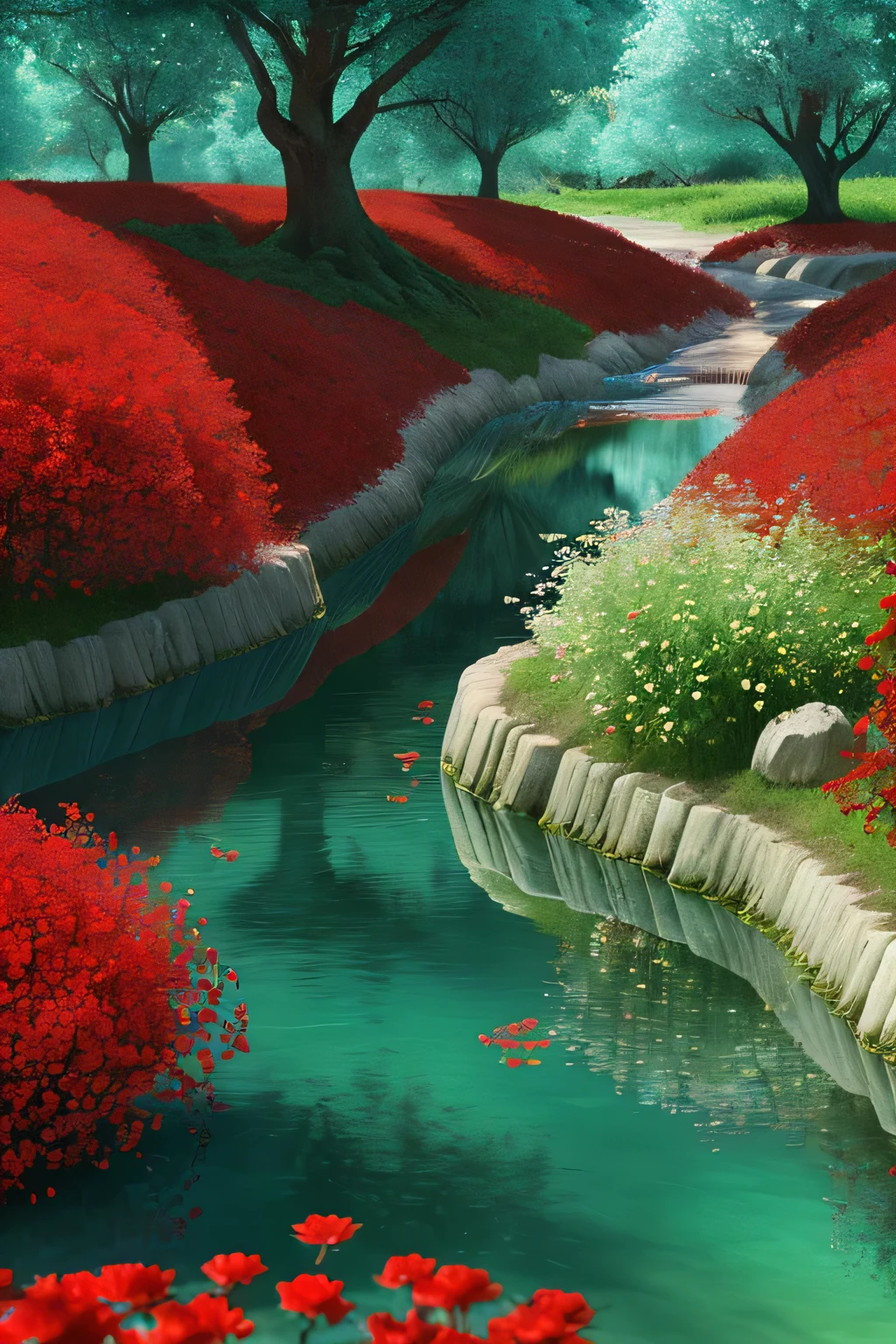 Fairy planet, trees and RED FLOWERS, water, sweet and fresh HD