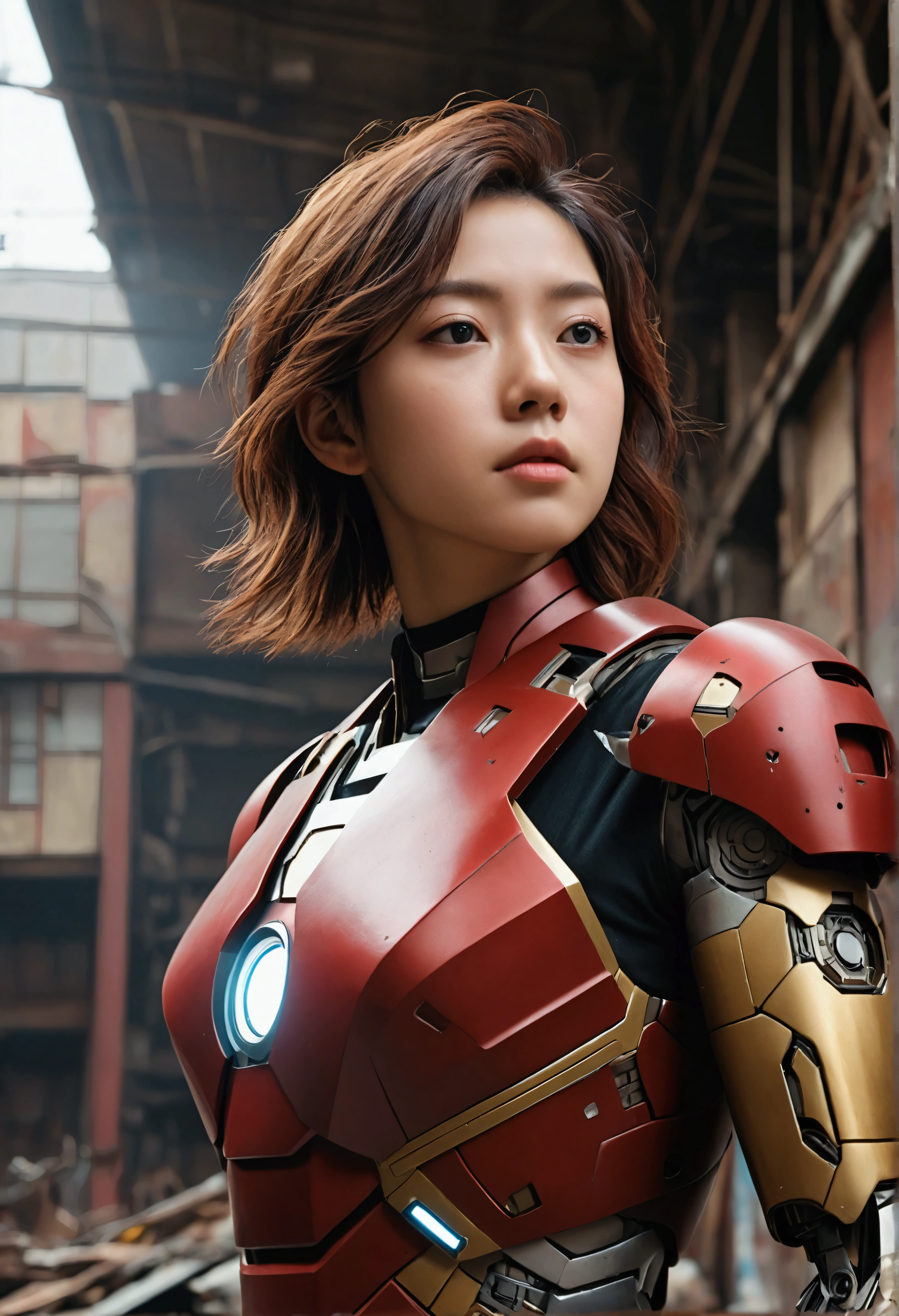 (One girl:1.3), alone,__Body parts__, Official Art, unity 8k wallpaper, Super detailed, beautiful and aesthetic, beautiful, masterpiece, 最high quality, born, masterpiece, Ultra HD Photos,, 最high quality, Ultra-high resolution, Realistic, sunlight, Full body portrait, stunningly beautiful,, Dynamic pose, Delicate face, bornきbornきとした目, (Side view), She's wearing a futuristic Iron Man mech, Red and Gold, Highly detailed abandoned warehouse background, Detailed face, Detailed, intricate and busy background, Messy, nice, Milky, Skin with attention to detail, Realistic skin detail, Visible pores, Sharp focus, Volumetric Fog, 8K Ultra HD, Digital single-lens reflex camera, high quality, Film Grain, Fair skin, Photorealism, Lomography, A sprawling metropolis in a dystopian future, View from below, translucent