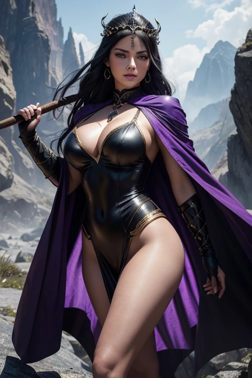 8k,Photorealistic　RAW Photos　Highest quality;1.4) 　(1 adult female)　Super Beauty　(A vivid face),Look at your face　long blue-black hair　The phantom empress with glowing purple eyes　Black and silver aristocratic big breast look　Luxurious black robe,　Golden decoration　Glare　Big black and gold walking stick,　Wearing black leather gloves　Remains　Gwaitz Style　purple rouge　Realistic　Exact details,Beautiful expression　Details of each part　Ultra-high resolution　超Realistic　Charm　Instep　Realistic Skin　Fantasy Queen　An inviting gaze　Emphasize cleavage,,Compensate,masterpiece,Highest qualityのPhotorealisticなRAW Photos。Bright colors,Rich colors, Backlight, Cinema Lighting, Film Grain, 50mm lens, Nikon D850,Detailed character art,Fantasy art,Ultra-high resolution,Ultra-Realistic Skin,Perfect hand shape,Muscular Beauty,Dynamic fighting pose,In the mountains,Devil's Makeup,A big magic circle behind(Purple effect),