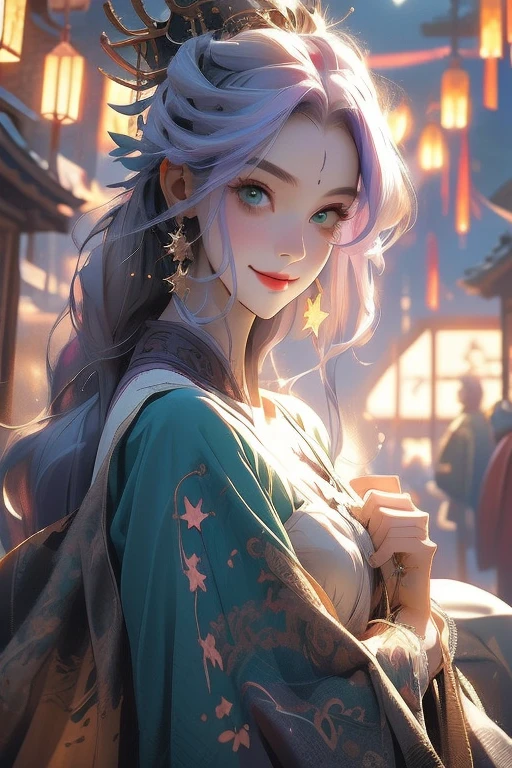 Perfect face. Perfect hands. A light purple haired woman with green eyes with an hourglass figure is watching the stars at a shrine with a big smile