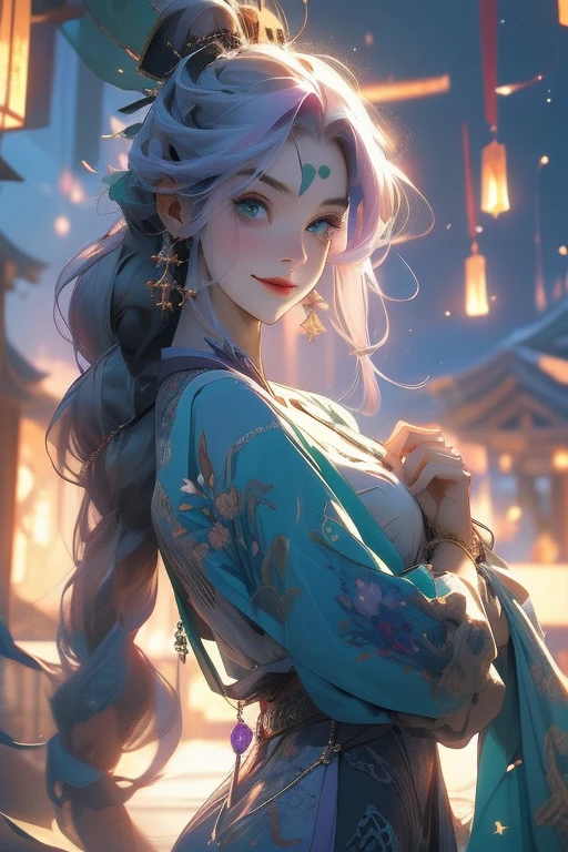 Perfect face. Perfect hands. A light purple haired woman with green eyes with an hourglass figure is watching the stars at a shrine with a big smile