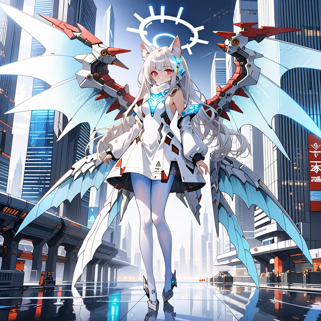 masterpiece, highest quality, highest resolution, clear_image, detailed details, white hair, long hair, 1 girl, cat ears, red eyes, futuristic dragon wings (12 wings), futuristic halo, white sci fi mecha dress, white scarf (around the neck withn a light blue glow), white pantyhose, full body, no water marks, city