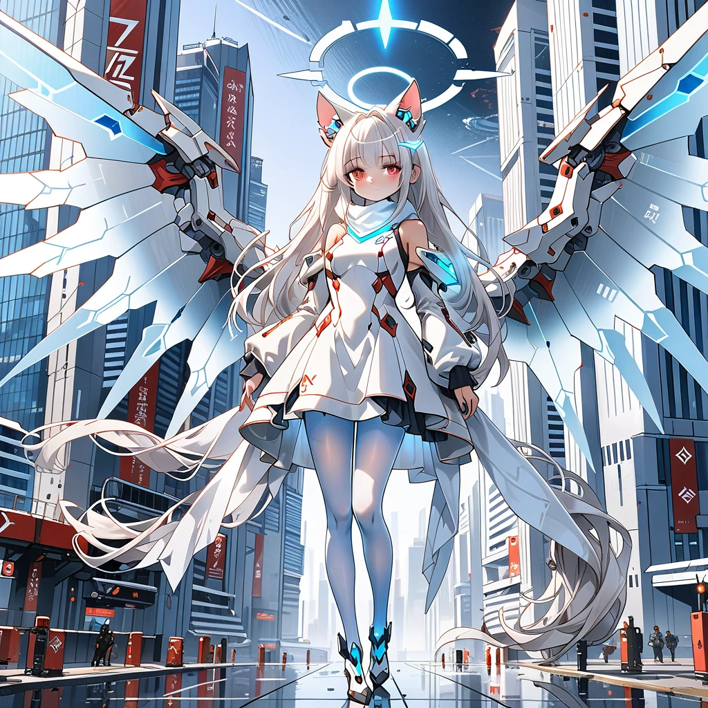 masterpiece, highest quality, highest resolution, clear_image, detailed details, white hair, long hair, 1 girl, cat ears, red eyes, futuristic dragon wings (12 wings), futuristic halo, white sci fi mecha dress, white scarf (around the neck withn a light blue glow), white pantyhose, full body, no water marks, city