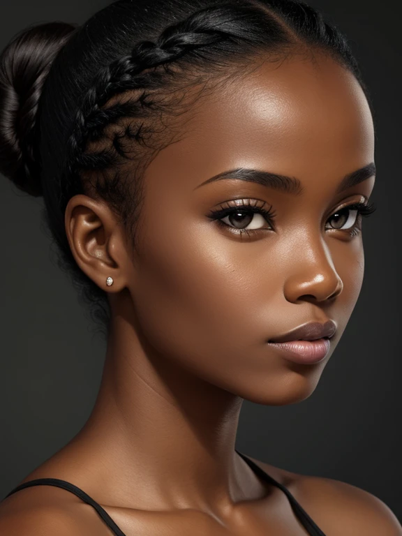 woman, face, close up, african, black, hair bun, solid background