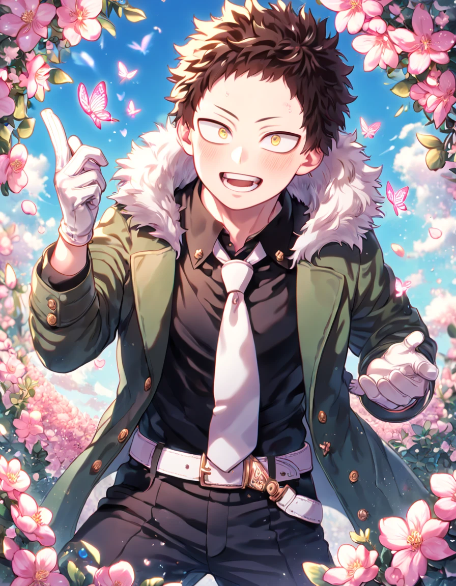 absurdres, highres, ultra detailed, HDR, master piece, best quality, extremely detailed face, Overhaul, dark brown hair, short hair, short bangs, expressive yellow eyes, Boku No Hero Academia, solo, sexy man, handsome, dark green coat with fur collar, black shirt, white necktie, white gloves, white belt, black pants, fantasy, magical, pink butterflies, spring, pink leaves, pink flowers, blue sky, garden