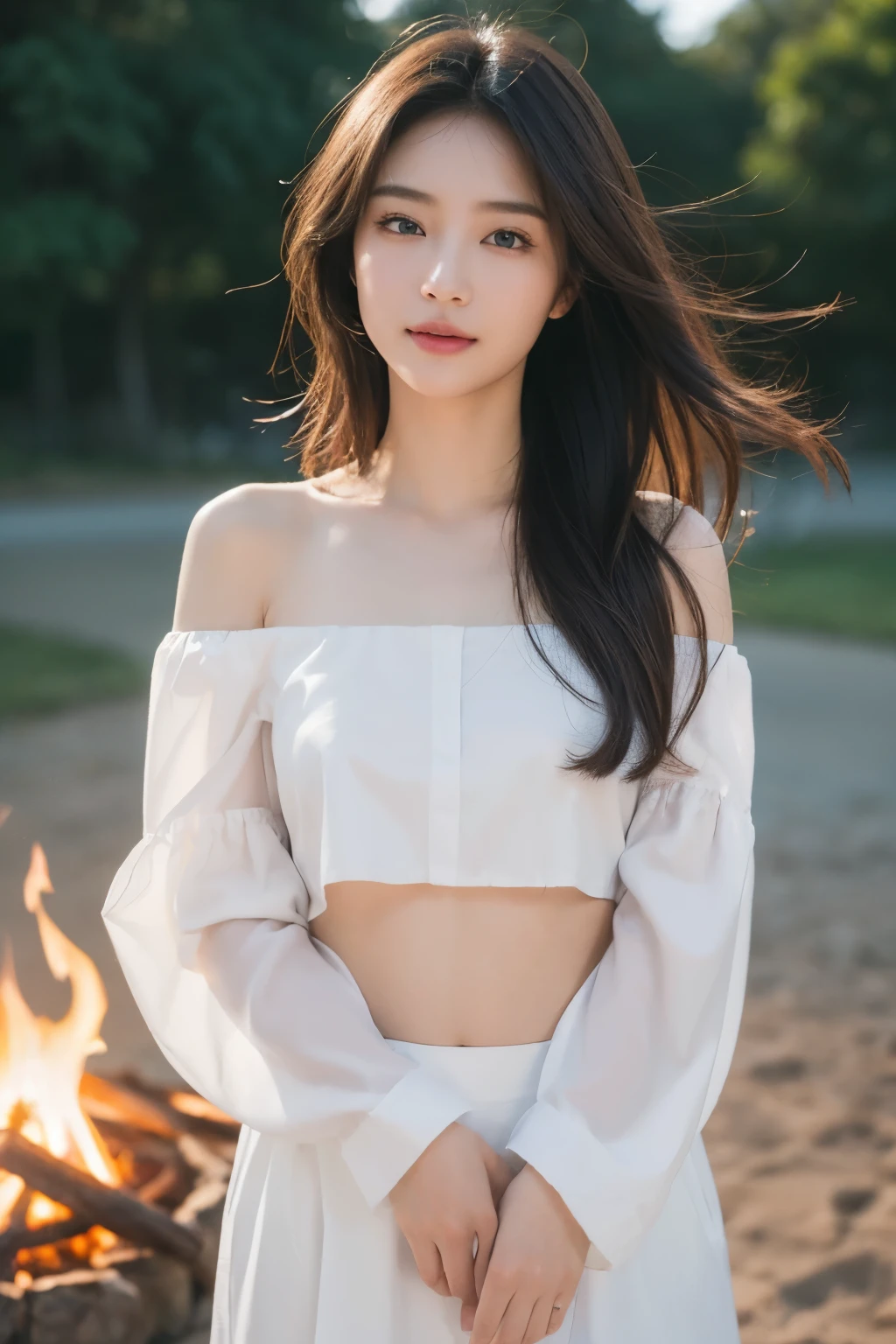 (( Realistic Light, Highest quality, 8k, masterpiece :1.3)), One girl, Small mole under eye, smile, close your eyes, chestの小さなほくろ, Beautiful woman with a slim figure :1.4, Abdominal muscles :1.1, Korean, Fair-skinned, (Fluffy wavy silk brown hair, Hair blowing in the wind, Moderate_chest :1), (deep_chestの谷間), White off-shoulder shirt:1.2, Wind-soaked long sleeves, (chestの汗ばんだ皮膚:1), Are standing, Mountain Night, Campfire Light, Highly detailed face, Detailed eyes, double eyelid, Glowing Skin, Cowboy Shot