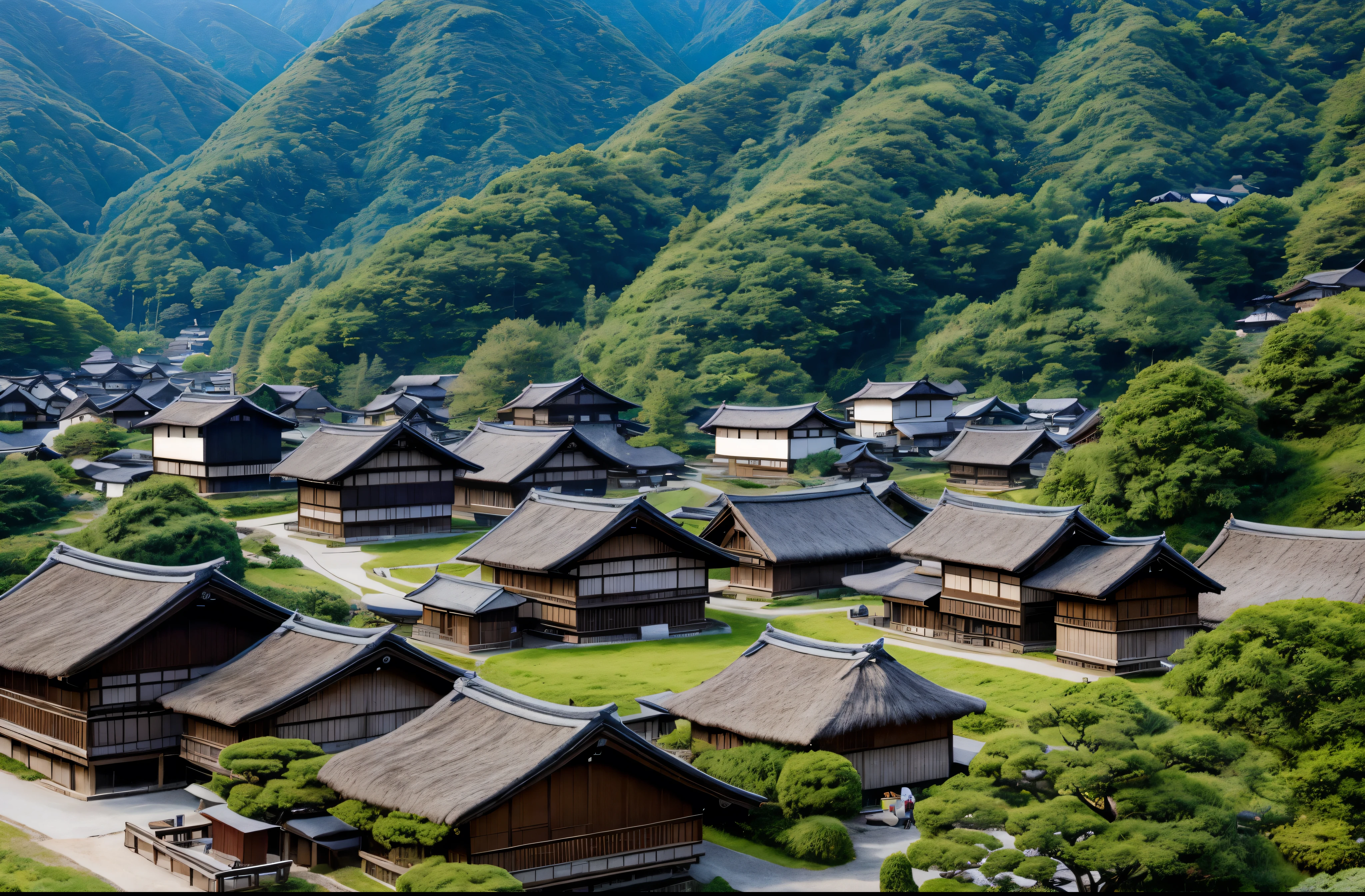 A group of straw-thatched Japanese houses like those in Shirakawa-go View from the top of the mountain
