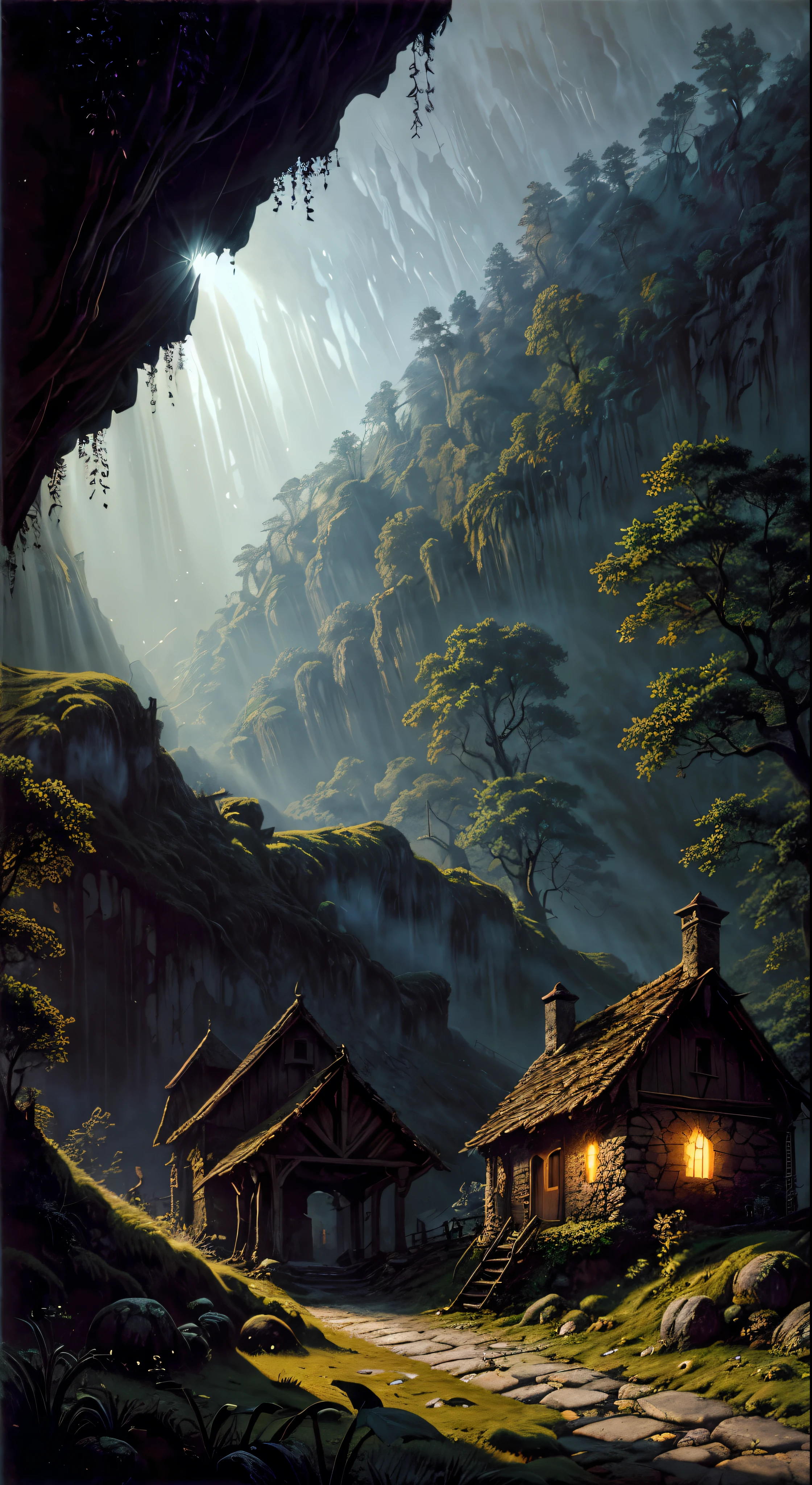 realistic dark oil painting of a medieval village at sunrise, mossy, mist, foggy, shadows, misterious, mithical, dark, rays of light shines trough the woods, ambient, depth of field, volumetric lighting, cinematic lighting, moody, heavy darkness, black sky, low angle perspective, by Eyvind Earle