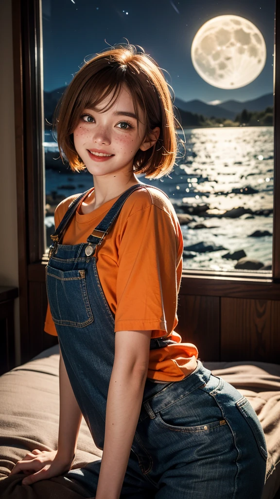 One girl, sxfrances, short hair, Orange Hair, Green Eyes, freckles, smile, Red Overalls, Blue Shirt, Roll up your sleeves, Mountain, moon, (night:1.5), View your viewers 