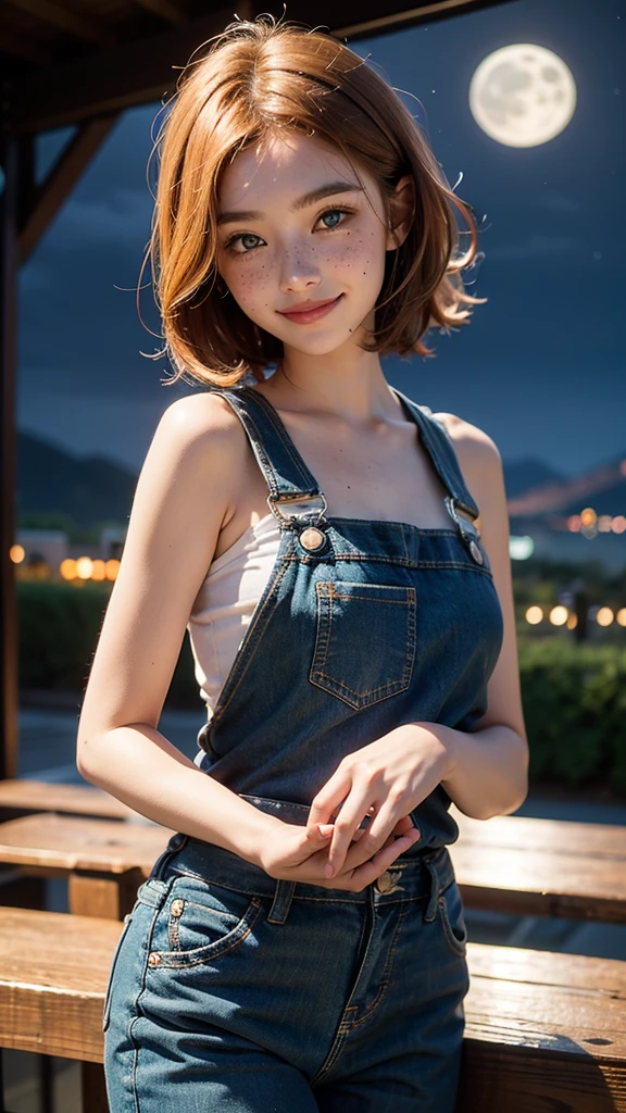 One girl, sxfrances, short hair, Orange Hair, Green Eyes, freckles, smile, Red Overalls, Blue Shirt, Roll up your sleeves, Mountain, moon, (night:1.5), View your viewers