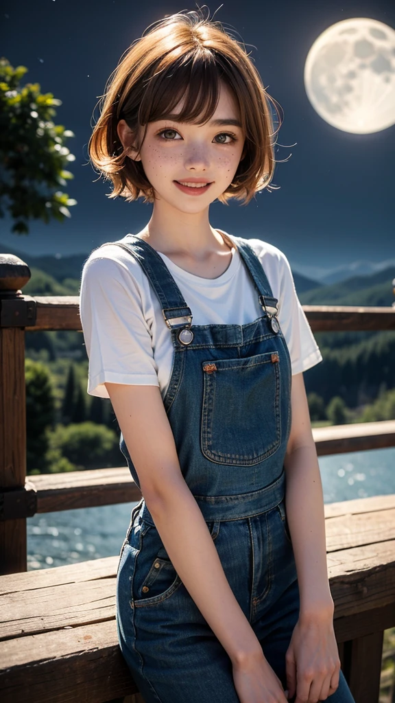 One girl, sxfrances, short hair, Orange Hair, Green Eyes, freckles, smile, Red Overalls, Blue Shirt, Roll up your sleeves, Mountain, moon, (night:1.5), View your viewers