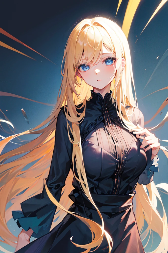 woman, long blonde hair, blue eyes, black dress, gentle look