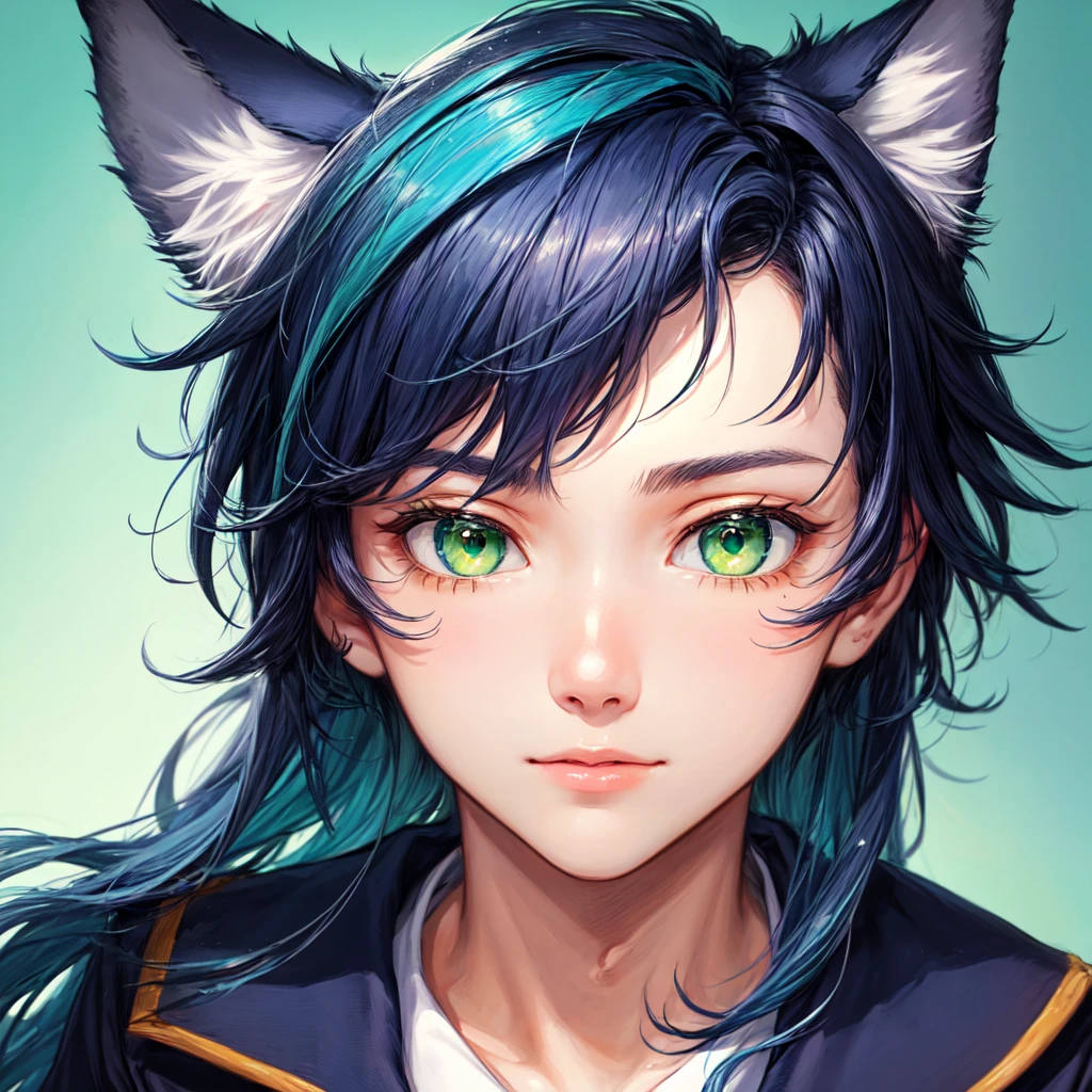 ((Highest quality)), ((masterpiece)), (detailed), ((A young man with navy blue fox ears)),((Navy Blue Hair)),((Green Eyes)),Close-up of face,Simple Background,The background is white,