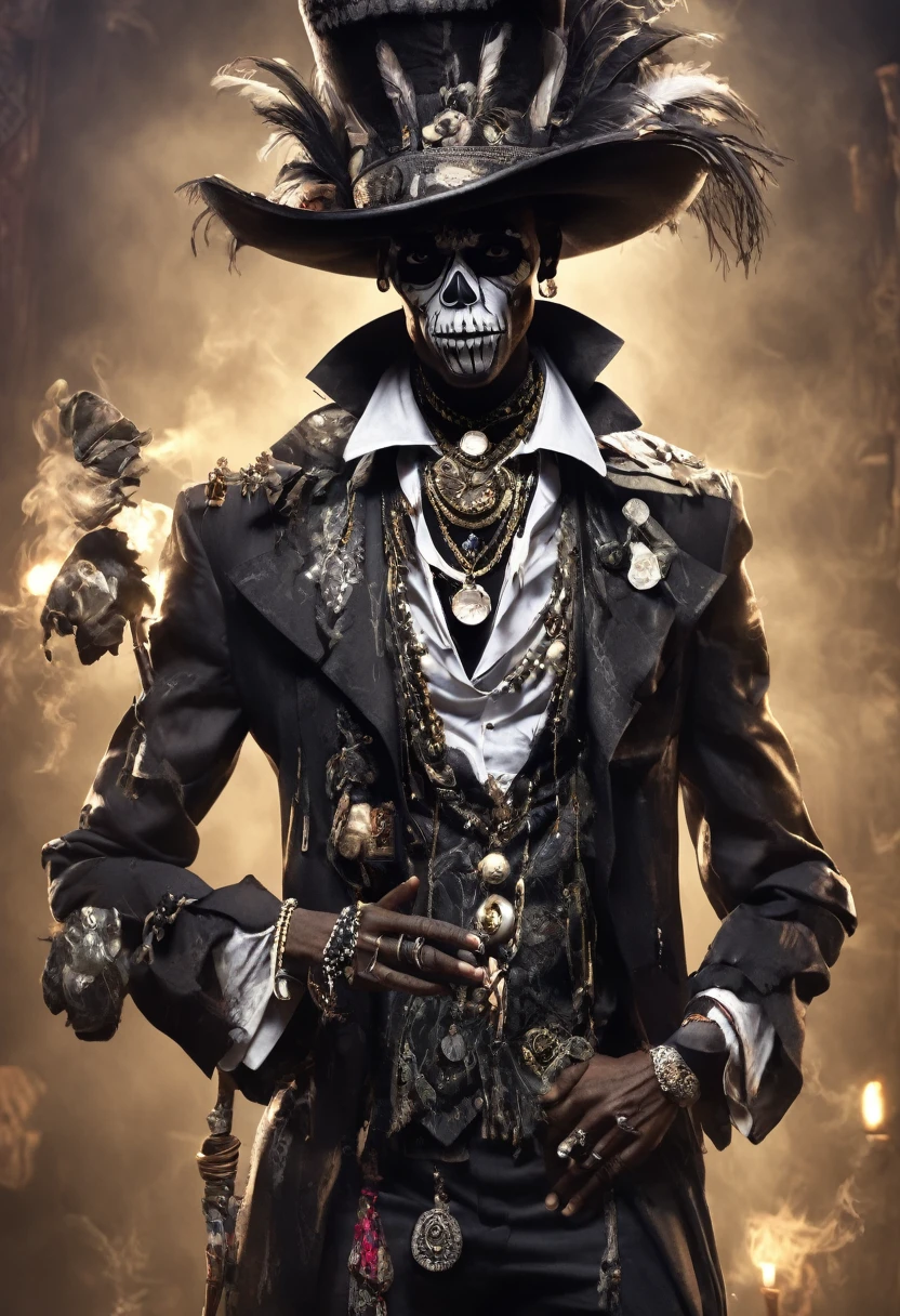 (((BARON SAMEDI))) best quality, ultra-high resolution, 4K detailed CG, master piece, Baron Samedi,man, African clothing, Voodoo mythology, ((standing pose)), African image, aesthetic, Centered screen, full body