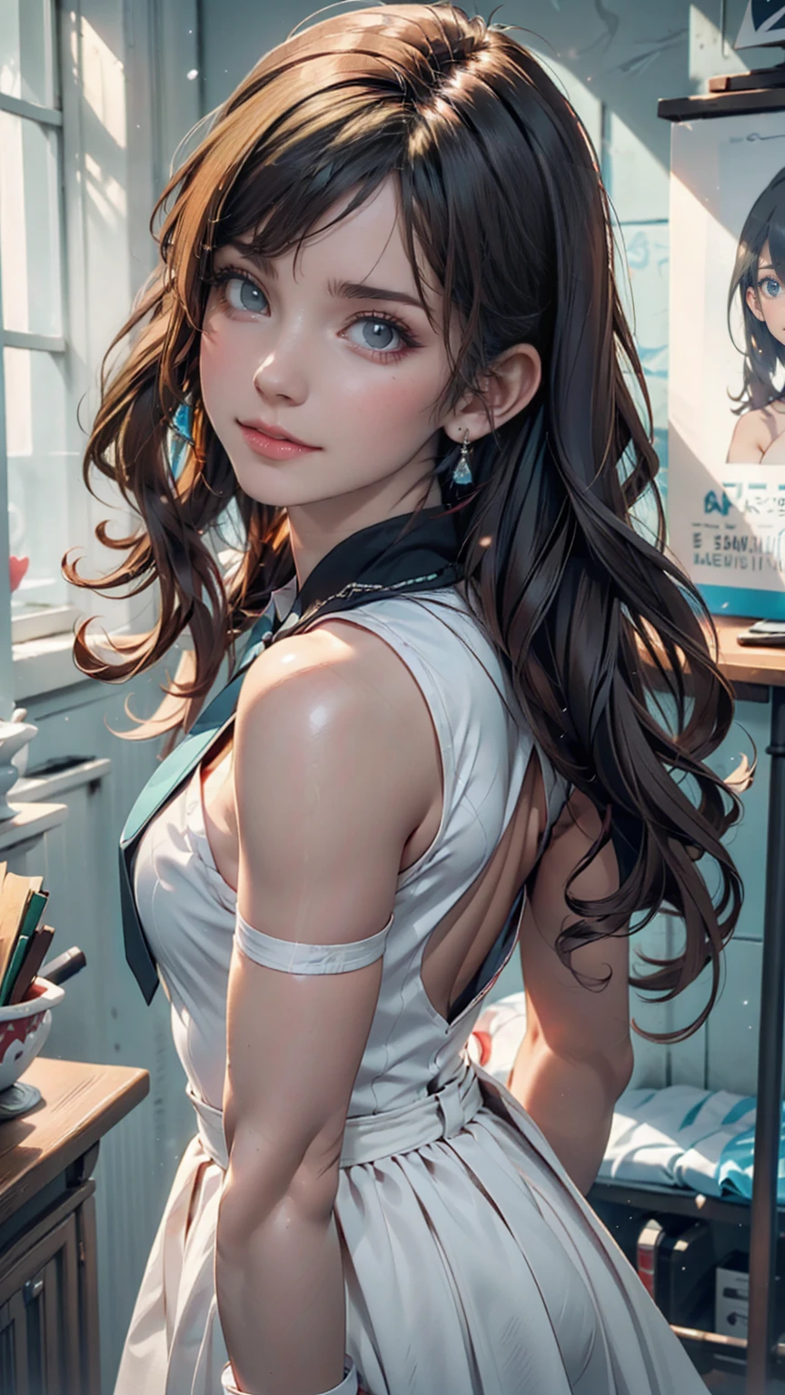 Innocence, Dark green hair, Twin tails, Put your arms behind your back, White Dress, Black waist tie, girl,blue eyes,Sexy proportions、Top view、Pop pastel color background、Cute Pumps、Wristband、Anime poster style