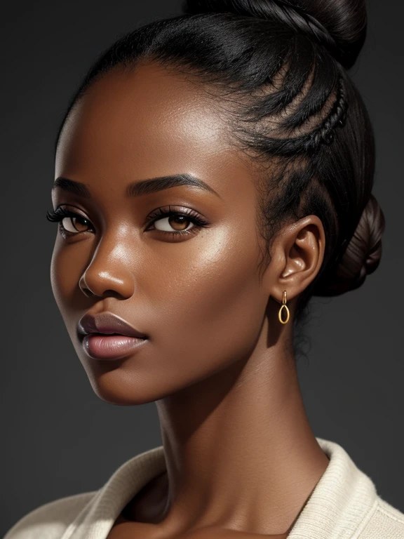 woman, face, front, close up, african, black, hair bun, skin details, pores, hyper realism, solid background