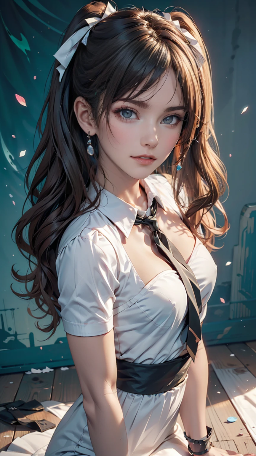 Innocence, Dark green hair, Twin tails, Put your arms behind your back, White Dress, Black waist tie, girl,blue eyes,Sexy proportions、Top view、Pop pastel color background、Cute Pumps、Wristband、Anime poster style
