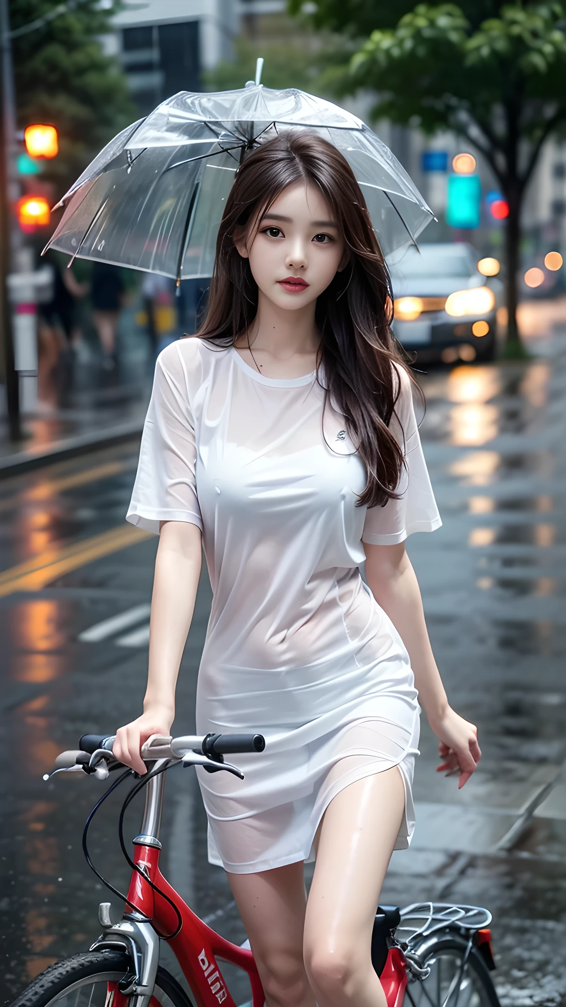 ulzzang-6500-v1.1, (RAW photo: 1.2), (Real photo), (Real photo: 1.4), 1 girl、Perfect anatomy、18 years old、Looking at the camera、Medium length hair, Wet hair in the rain, dress, is pushing the bikecycle, ((on the street, in the rain: 1.2)), (Soaked clothes: 1.2), (Business service)、Asian eyes Ella,