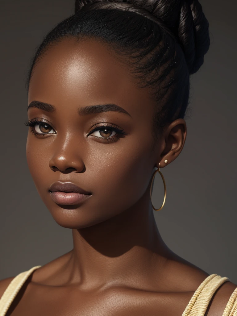 woman, face, front, close up, african, black, hair bun, skin details, pores, hyper realism, solid background