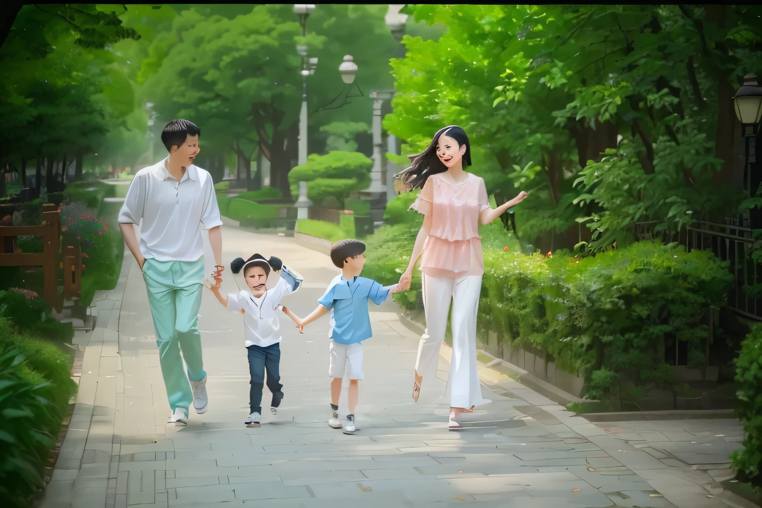 Three people were walking along a path， , happy family, Family Play, family standing in the park, lifestyle, photo shoot, Family Photography, Single image, carefree, aldult, Beautiful images, On the city streets, Hangzhou, Housing, friendly, High-quality images, sunny environment, Leisure Photography, Warm and convivial atmosphere