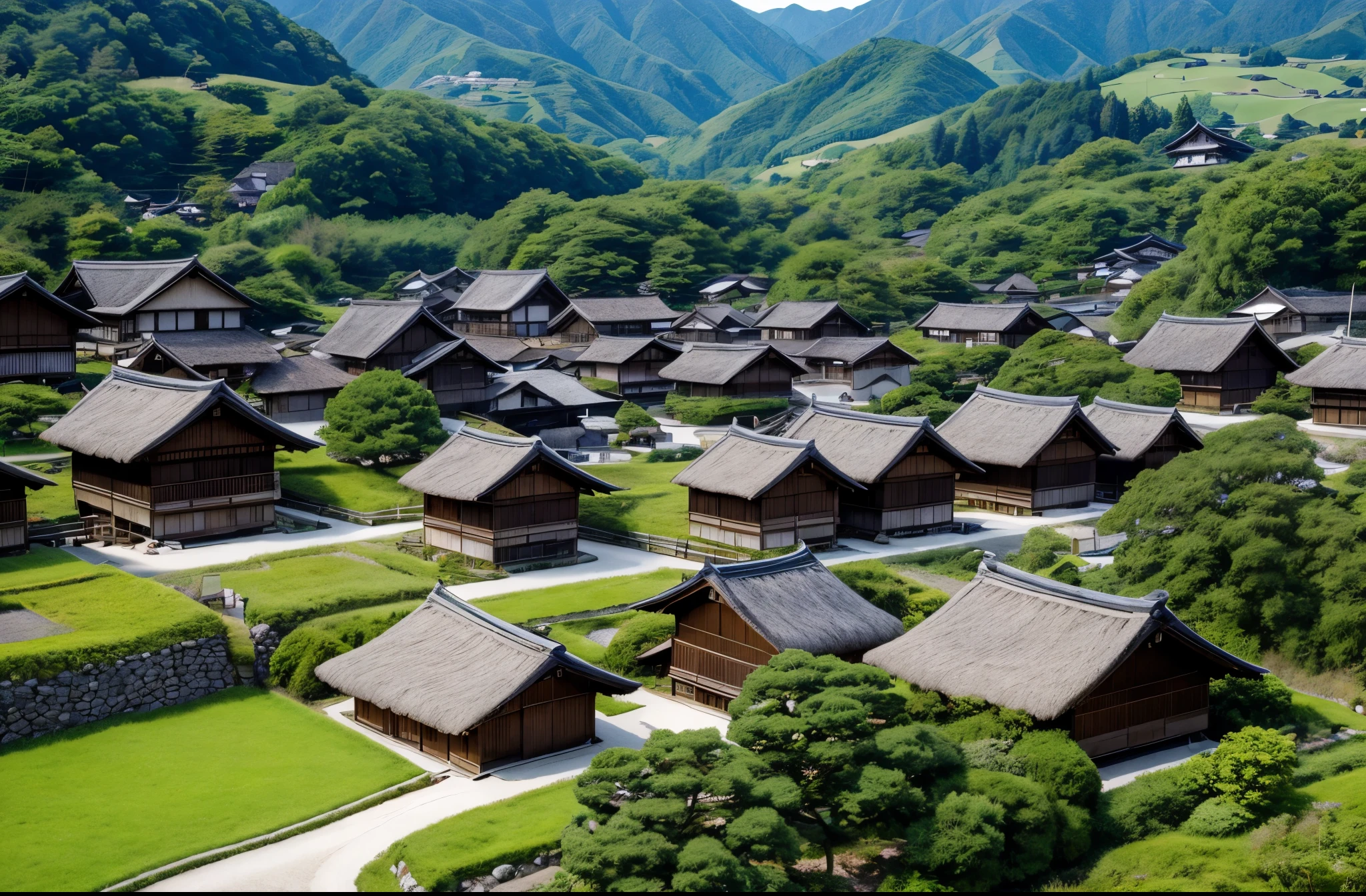 A group of straw-thatched Japanese houses like those in Shirakawa-go View from the top of the mountain
