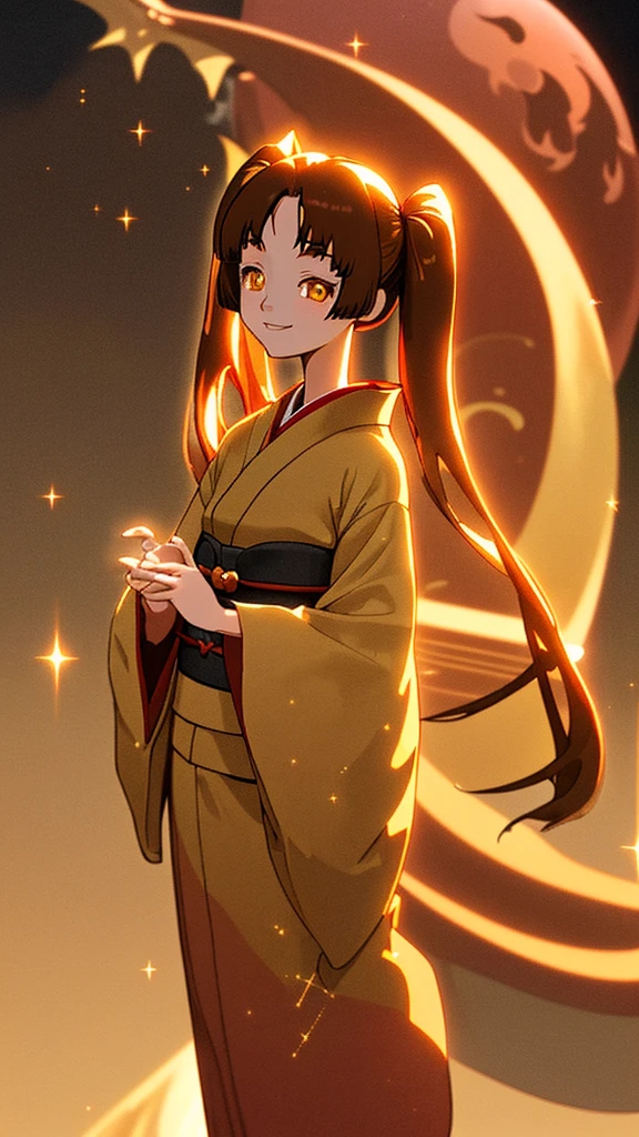 Ghibli style、masterpiece, Highest quality, detailed, (One girl), alone, detailed golden eyes, Shoulder-length hair、Are standing, Close to the audience, (detailed kimono), A light smile, Medium chest,  Beautiful red moonlit night、 、Brown Hair, Twin tails, smile、Sparkle Effect, Sparkle Effect, 3D Rendering, Background、Beautiful dragon