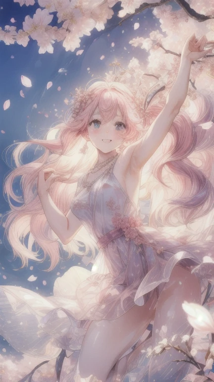 Prompt 1: Shower of Cherry Blossoms
Fairy's Appearance

Outfit: A dress made of cherry blossom petals. The design is fluffy and airy, with pink and white as the base colors, adorned with petals and leaves.
Hairstyle: Long wavy hair with a crown of cherry blossoms. The hair color is a soft pink.
Facial Features: Elegant and delicate features, large eyes, and light pink blush.
Accessories: Earrings and a necklace made of cherry blossom petals.
Location and Scenery

Location: A fully bloomed cherry blossom avenue. The background is filled with blooming cherry blossoms.
Time of Day: Morning, with soft daylight streaming in.
Scenery: Cherry blossom petals are dancing in the air, and the ground is covered with petals. The background has a clear blue sky.
Pose and Expression

The fairy is spreading her arms and dancing. She has a gentle smile on her face.